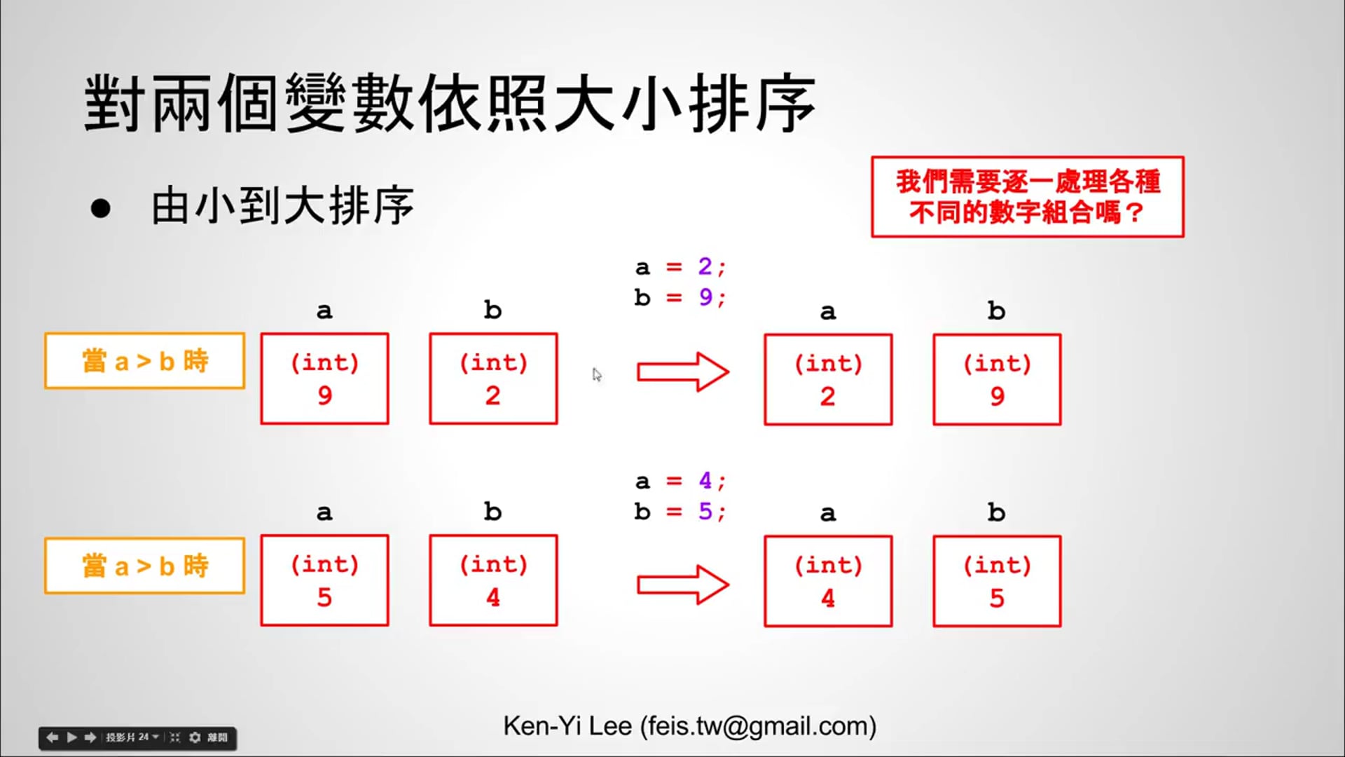 【C 語言入門】4.1.7.1 - 對兩個變數依照大小排序練習 (使用 if 述句).mp4