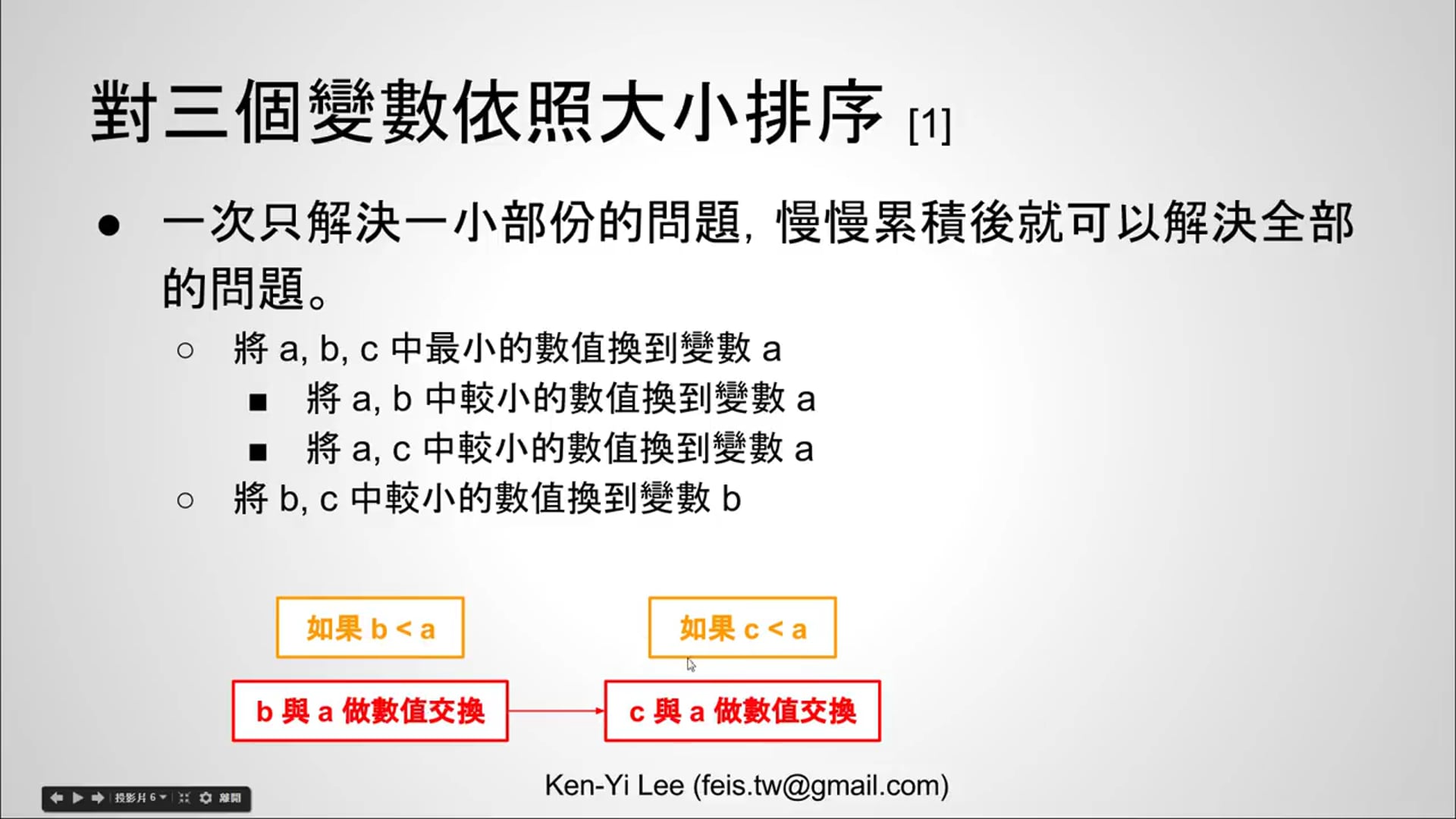 【C 語言入門】4.1.7.5 - 用兩個變數的數值交換對三個變數做排序 (使用 if 述句) [下].mp4